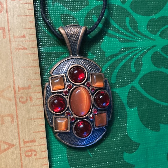 Necklace, copper base with 4 red glass stones, and 5 orange cat eyes $29 - Picture 13 of 13